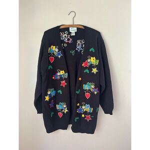 The Quacker Factory 1X Cardigan‎ Sweater Novelty Vintage Fun Embroidered Cottage